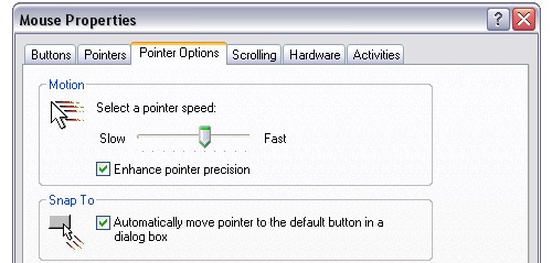 Mouse performance options set via the Control Panel