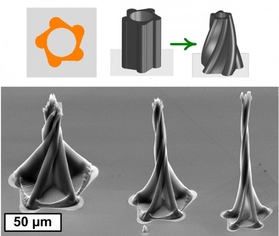 3Dnano-01 3D Twisted Nanotubes using a capillary forming manufacturing process at University of Michagan Credit: A. John Hart (Click to Enlarge)