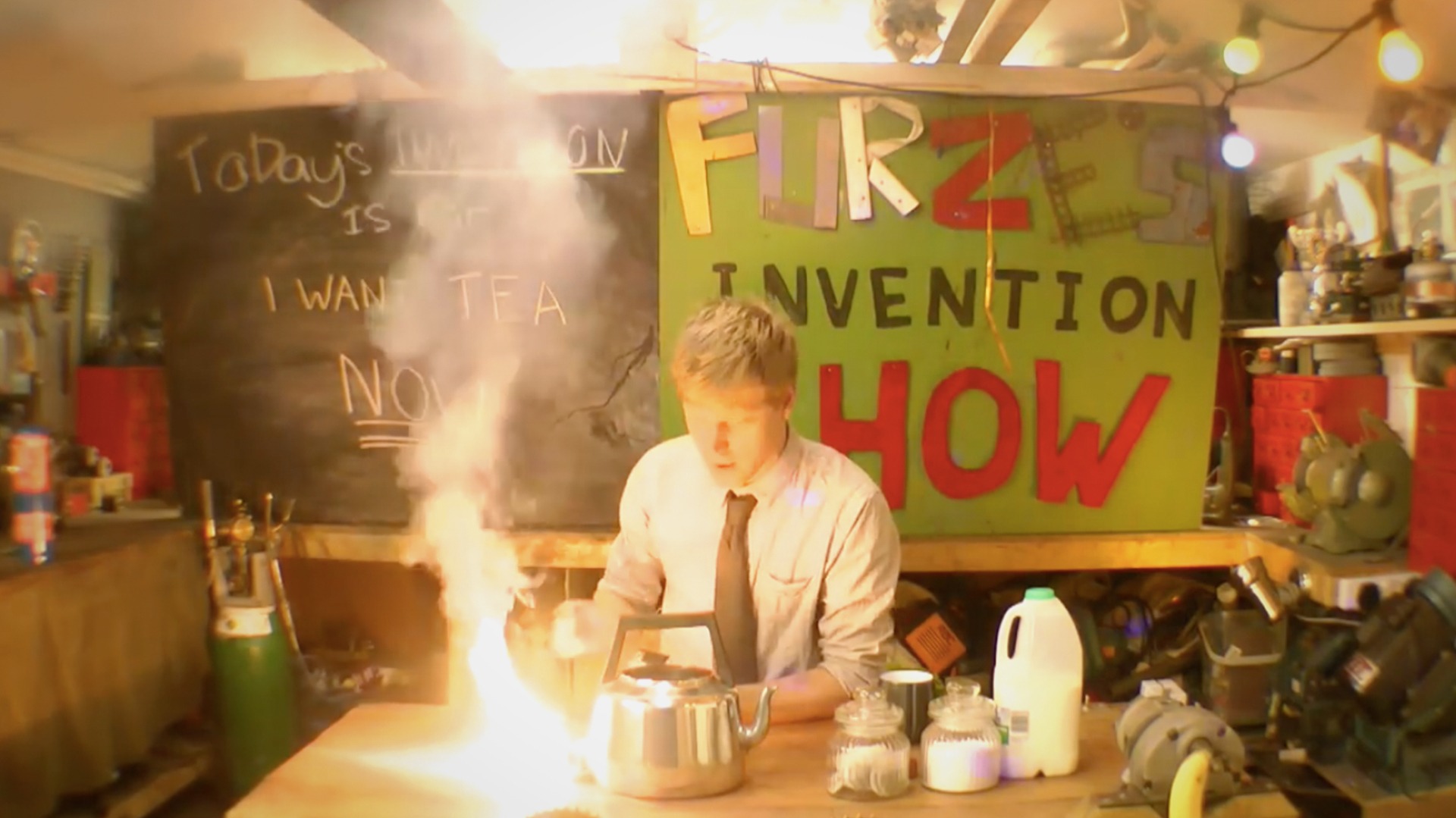 Crazy Garage Inventor Colin Furze Makes 'Instant Tea' with a Thermite-Powered Kettle