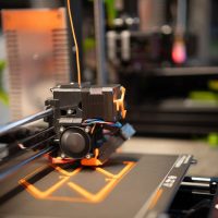 Detailed view of a 3D printer head in action creating a design.