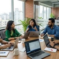 Five colleagues collaborating around a table in a modern office